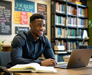 student in library